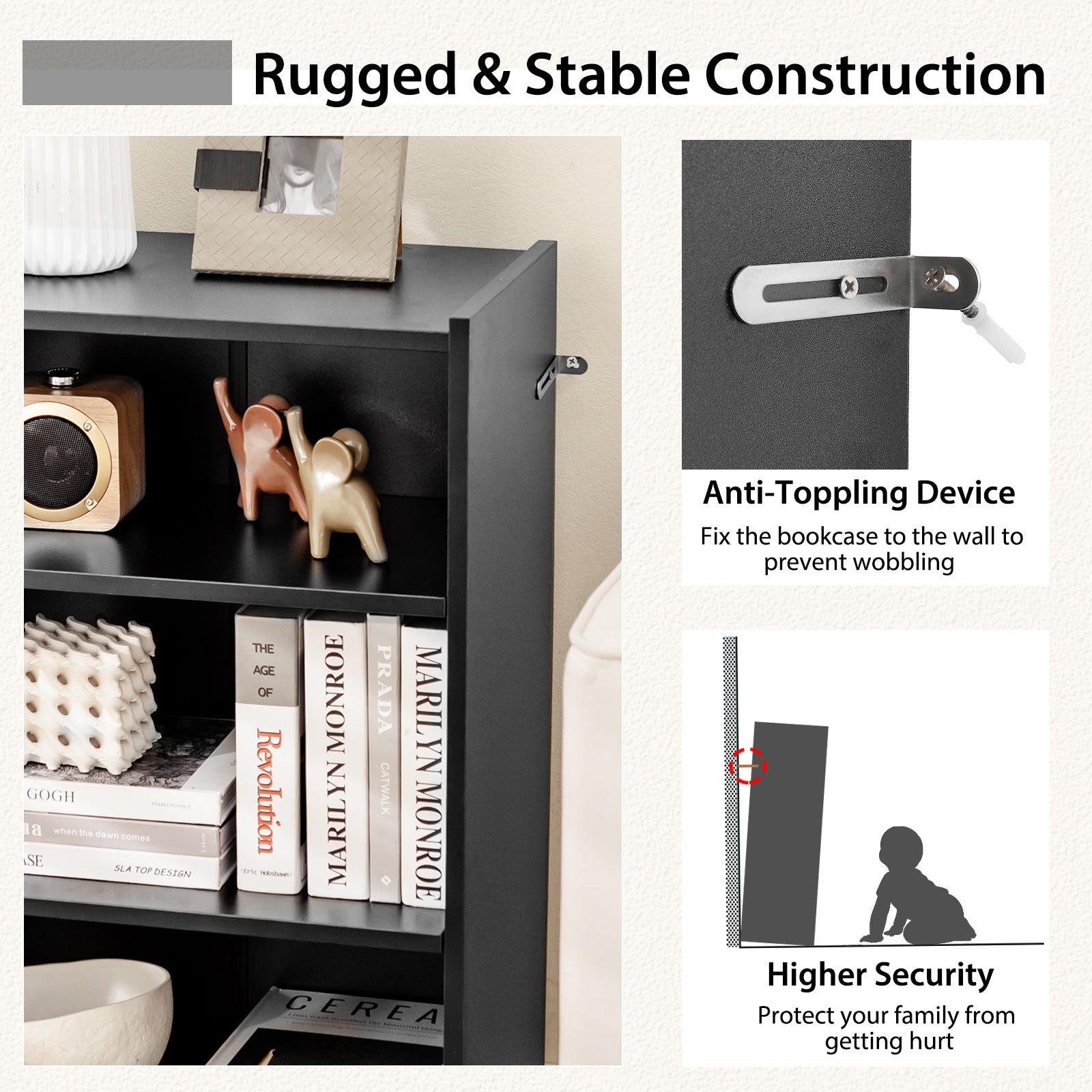 3-Tier Bookcase Open Display Rack Cabinet with Adjustable Shelves