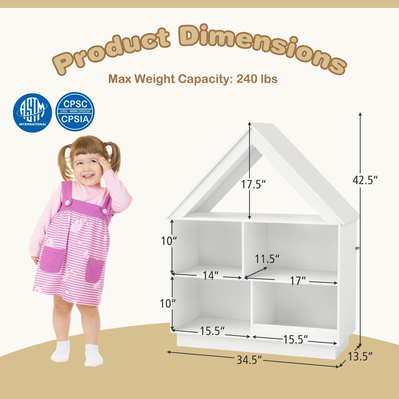 3-Tier House-Shaped Toy Storage Organizer with Open Shelves-White