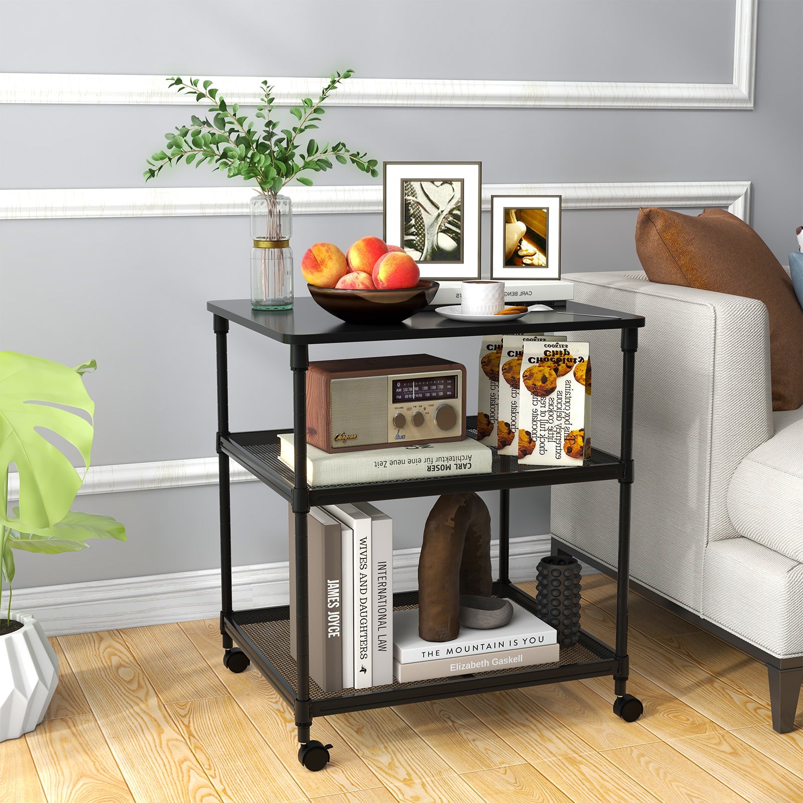 3 Tier Printer Stand Rolling Fax Cart with Adjustable Shelf and Swivel Wheels