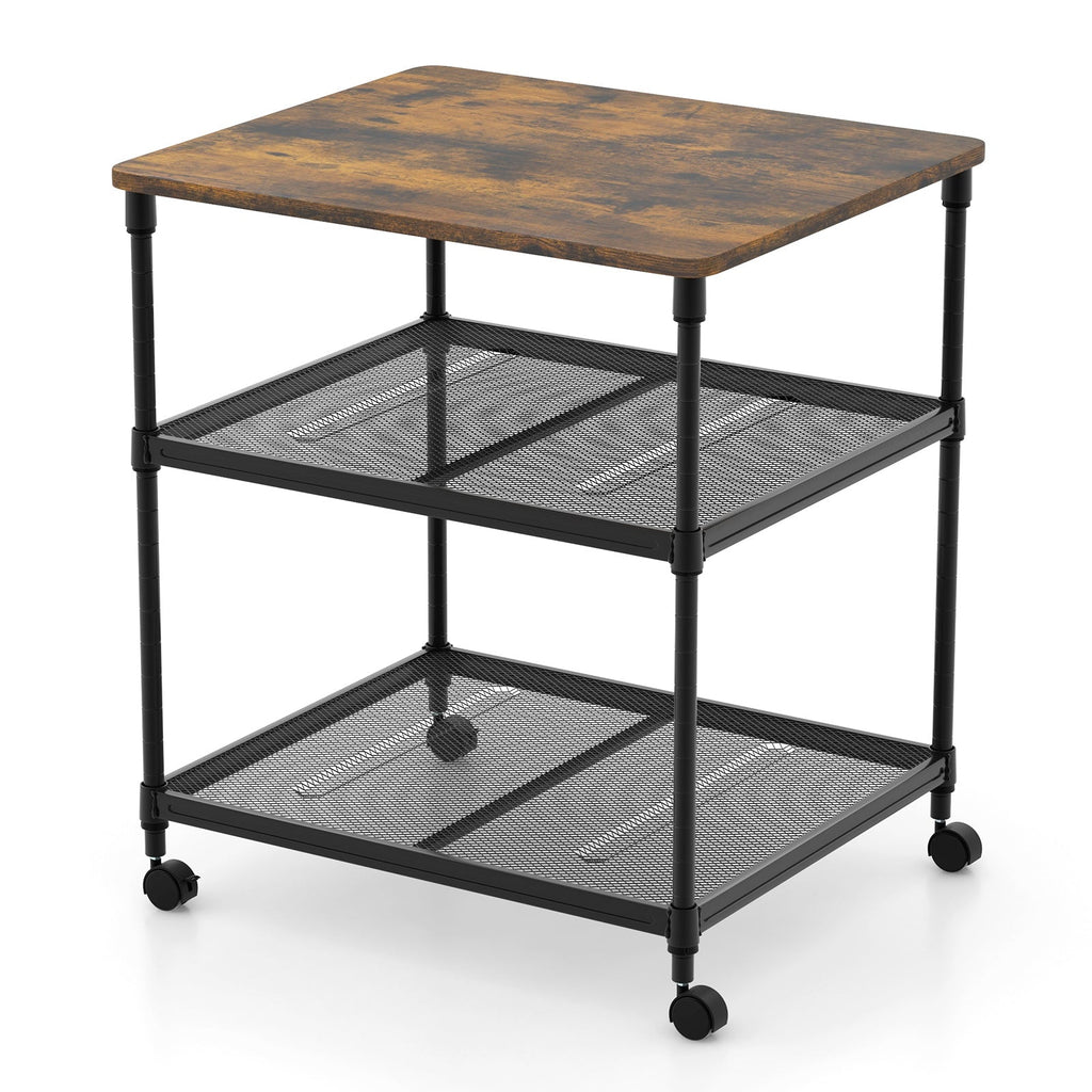 3 Tier Printer Stand Rolling Fax Cart with Adjustable Shelf and Swivel Wheels