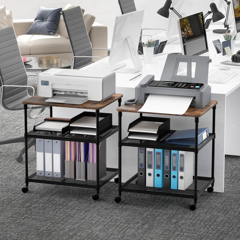 3 Tier Printer Stand Rolling Fax Cart with Adjustable Shelf and Swivel Wheels