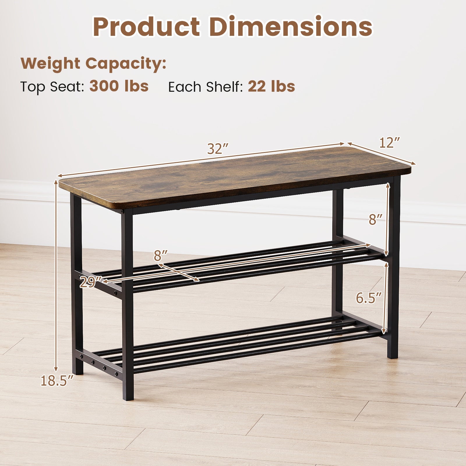 3-Tier Shoe Rack Shoe Bench with Metal Slat Shelves and Long Wooden Seat-Rustic Brown