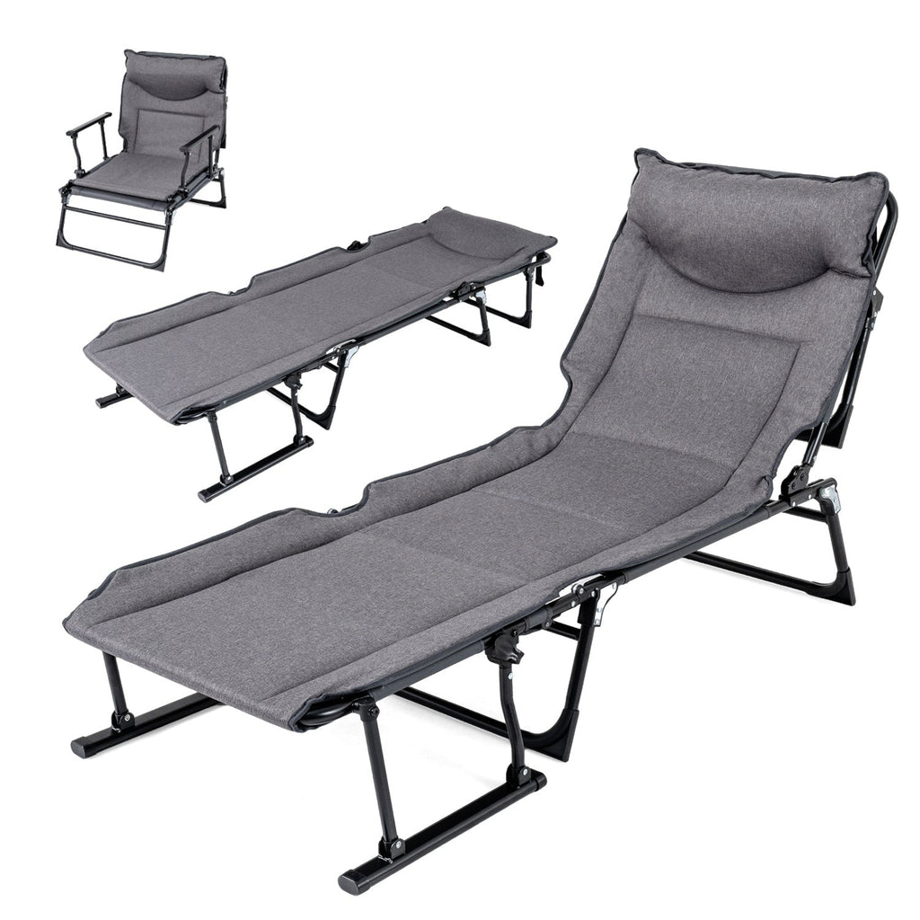 3 in 1 Folding Camping Cot Comfy Padded Convertible Single Sofa Chair-Gray