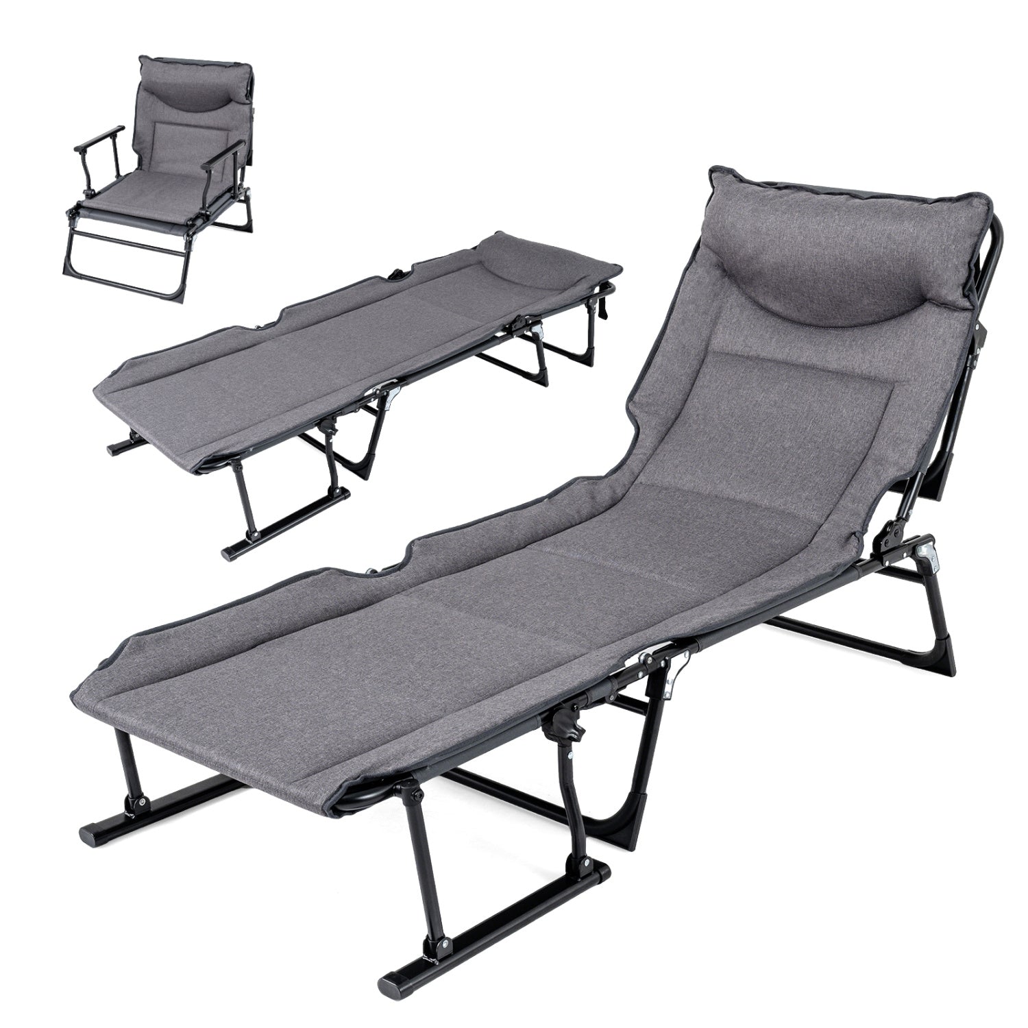 3 in 1 Folding Camping Cot Comfy Padded Convertible Single Sofa Chair-Gray