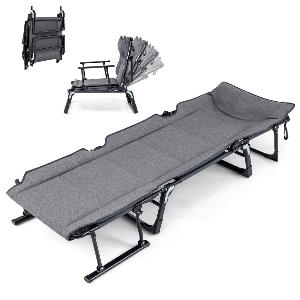 3 in 1 Folding Camping Cot and Comfy Padded Convertible Single Sofa Chair-Gray