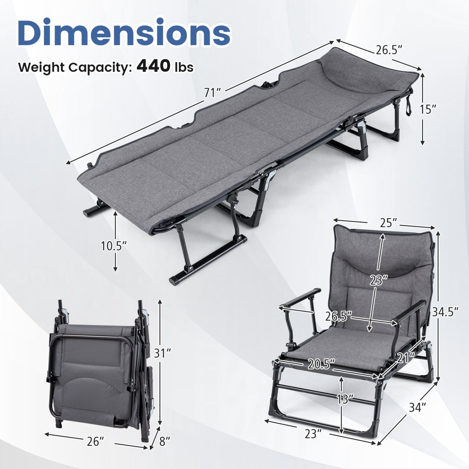 3 in 1 Folding Camping Cot and Comfy Padded Convertible Single Sofa Chair-Gray