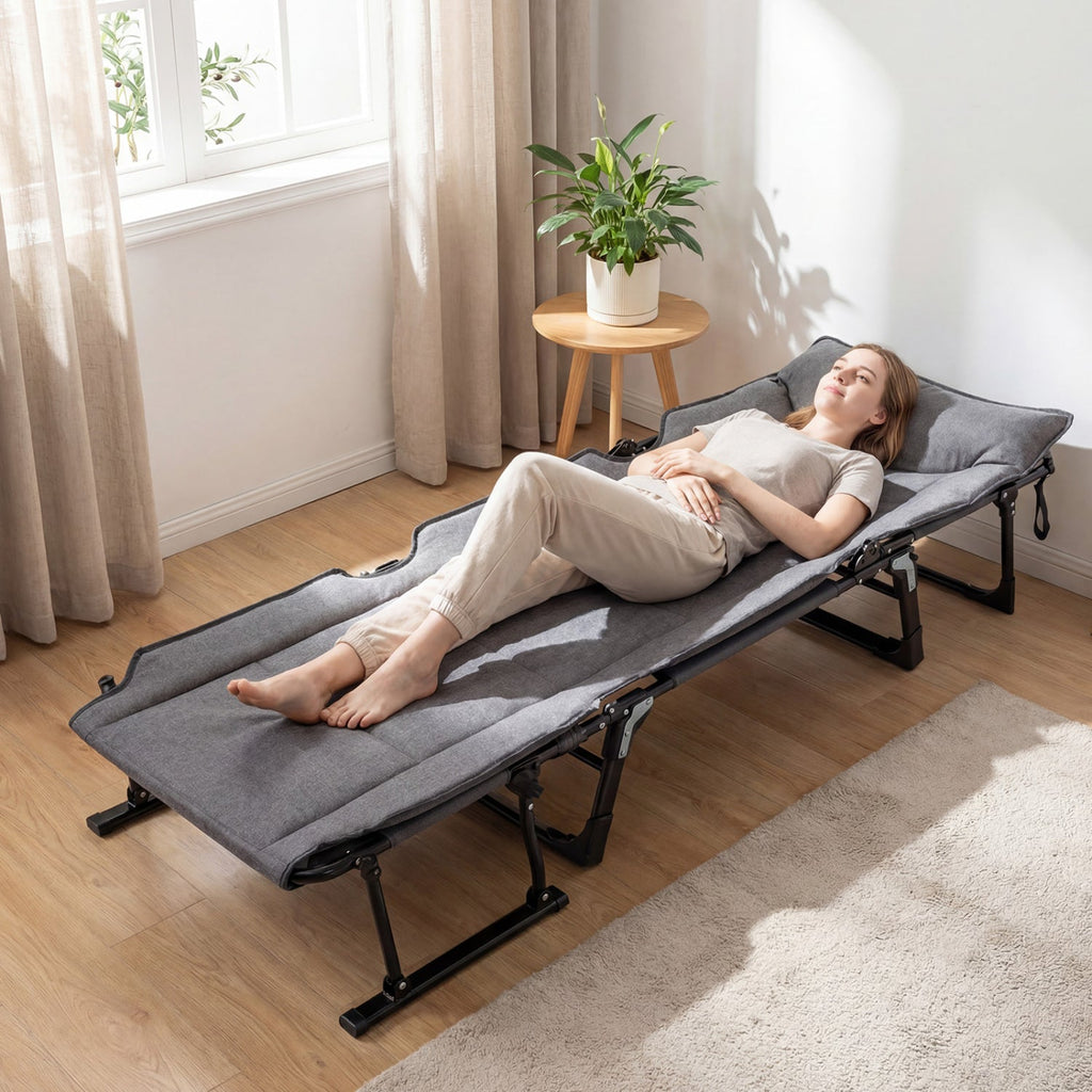 3 in 1 Folding Camping Cot and Comfy Padded Convertible Single Sofa Chair-Gray