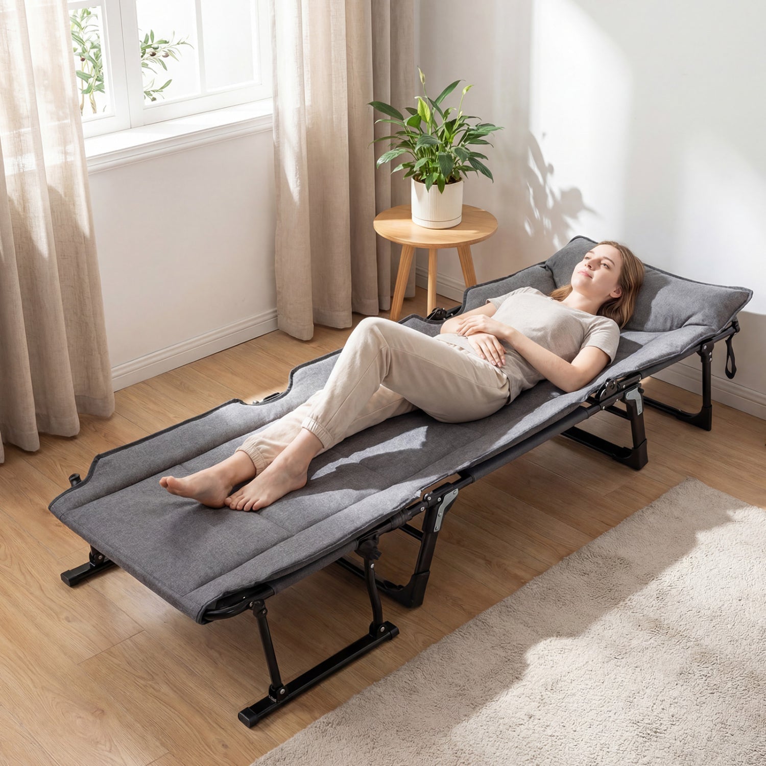 3 in 1 Folding Camping Cot and Comfy Padded Convertible Single Sofa Chair-Gray