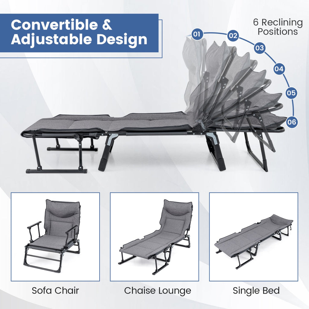 3 in 1 Folding Camping Cot and Comfy Padded Convertible Single Sofa Chair-Gray