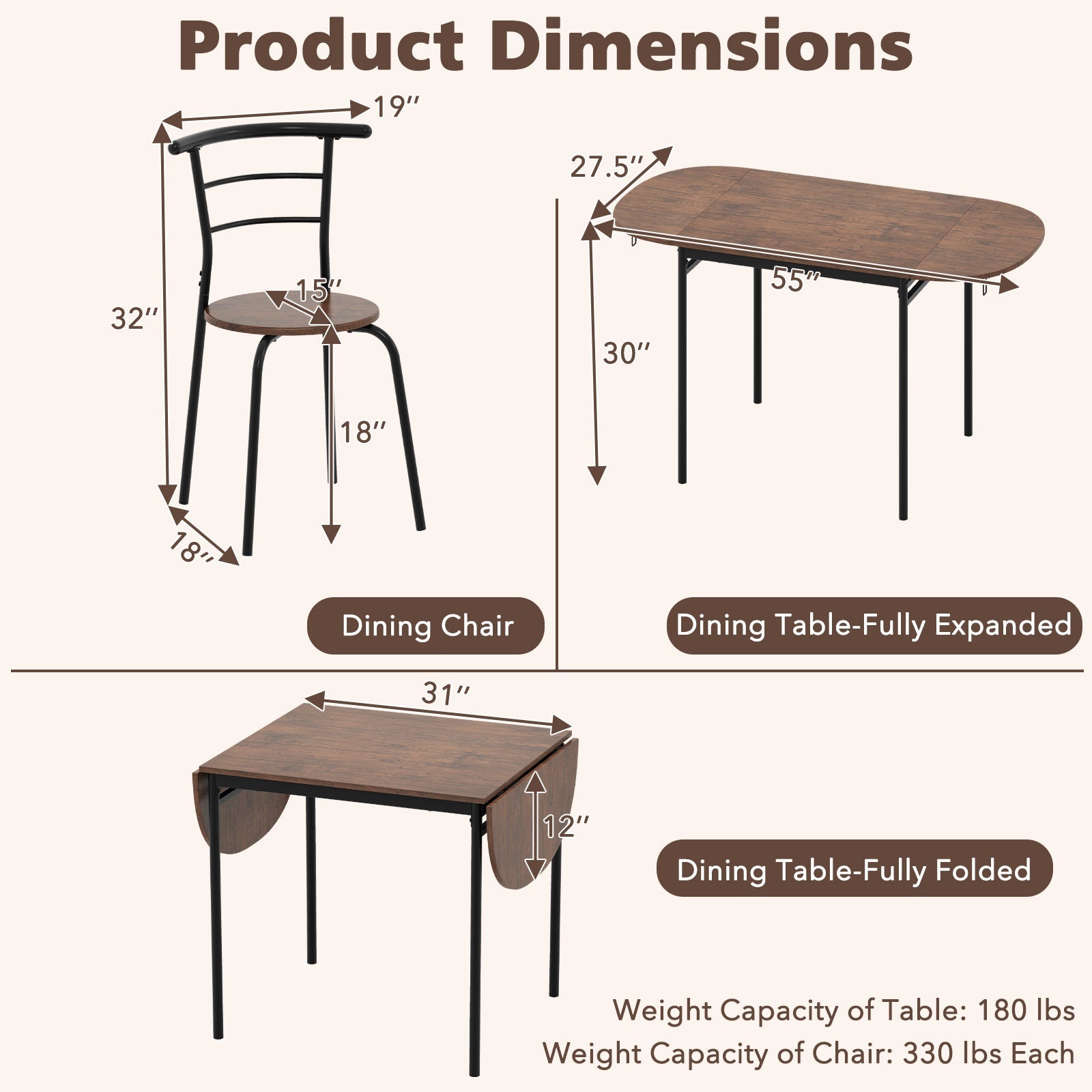 3 Pieces Dining Set with 2 Chairs and Modern Kitchen Table for Small Space-Brown