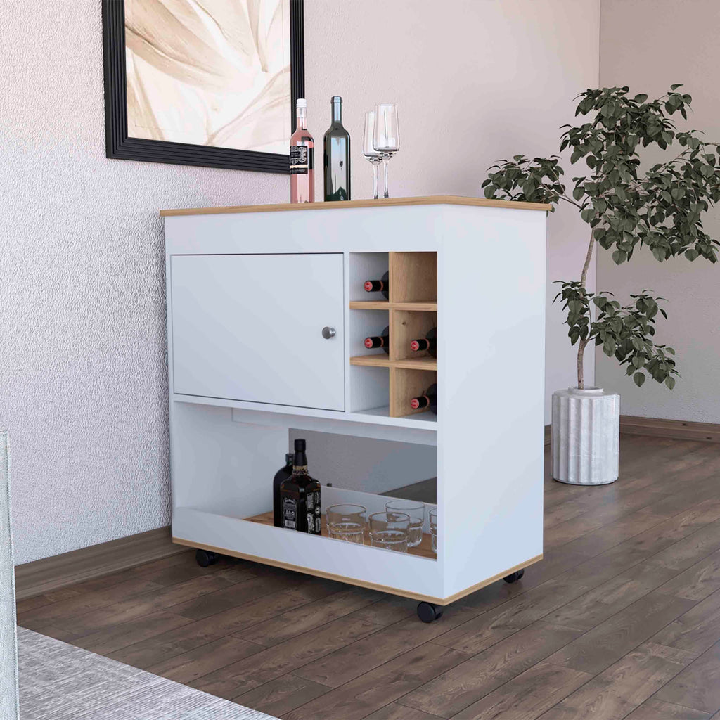 Texas Bar Cart, One Cabinet, Six Bottle Cubbies, One Lower Panel, Four Casters