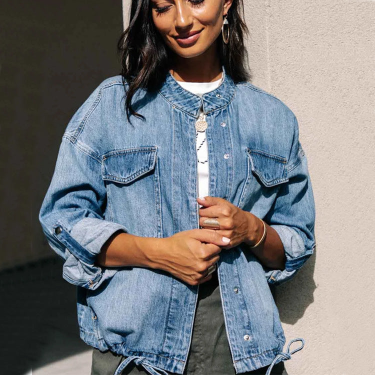Ladies Denim Jacket Drawstring Loose Ladies Denim Jacket