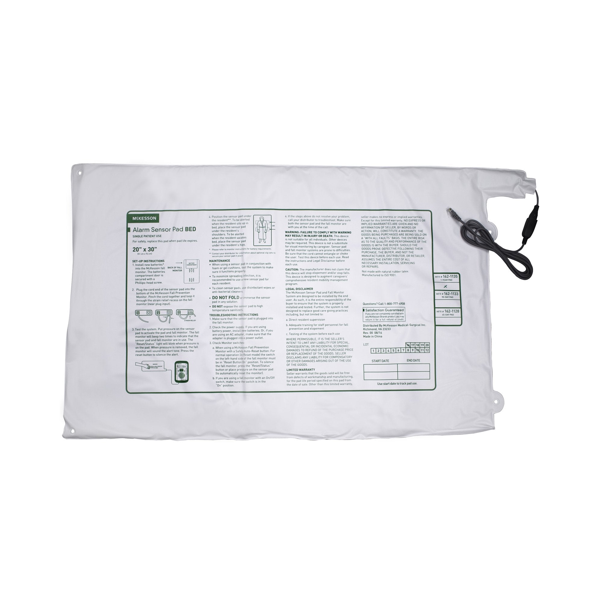 McKesson Bed Alarm Sensor Pad, 20 x 30 Inch 162-1135