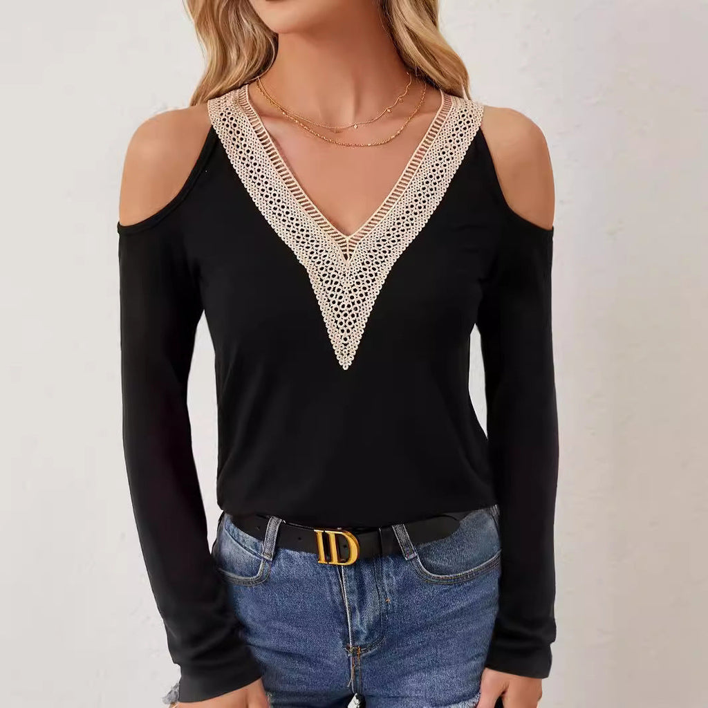 Fashion Hollowed-out Solid Color T-shirt Top Women
