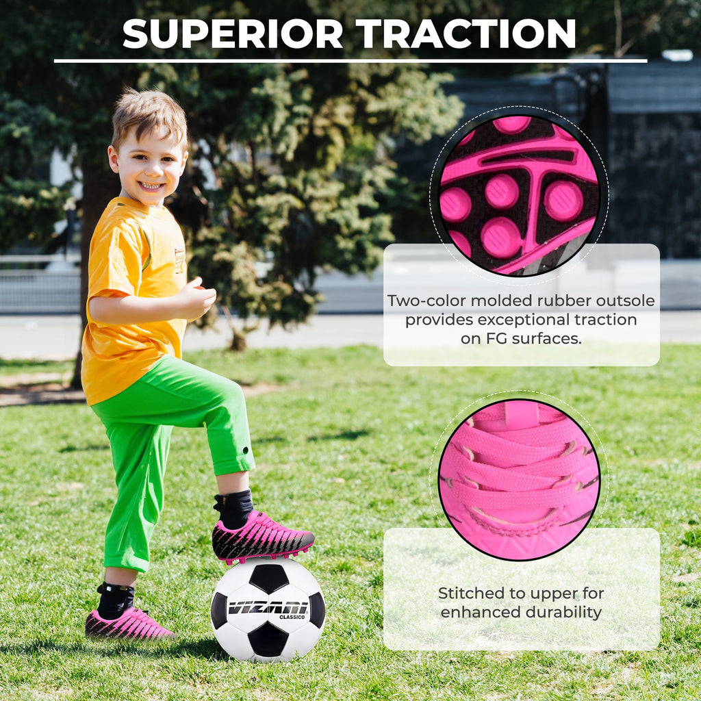 Bolt Kids Firm Ground Soccer Cleats – Pink/Black/Silver