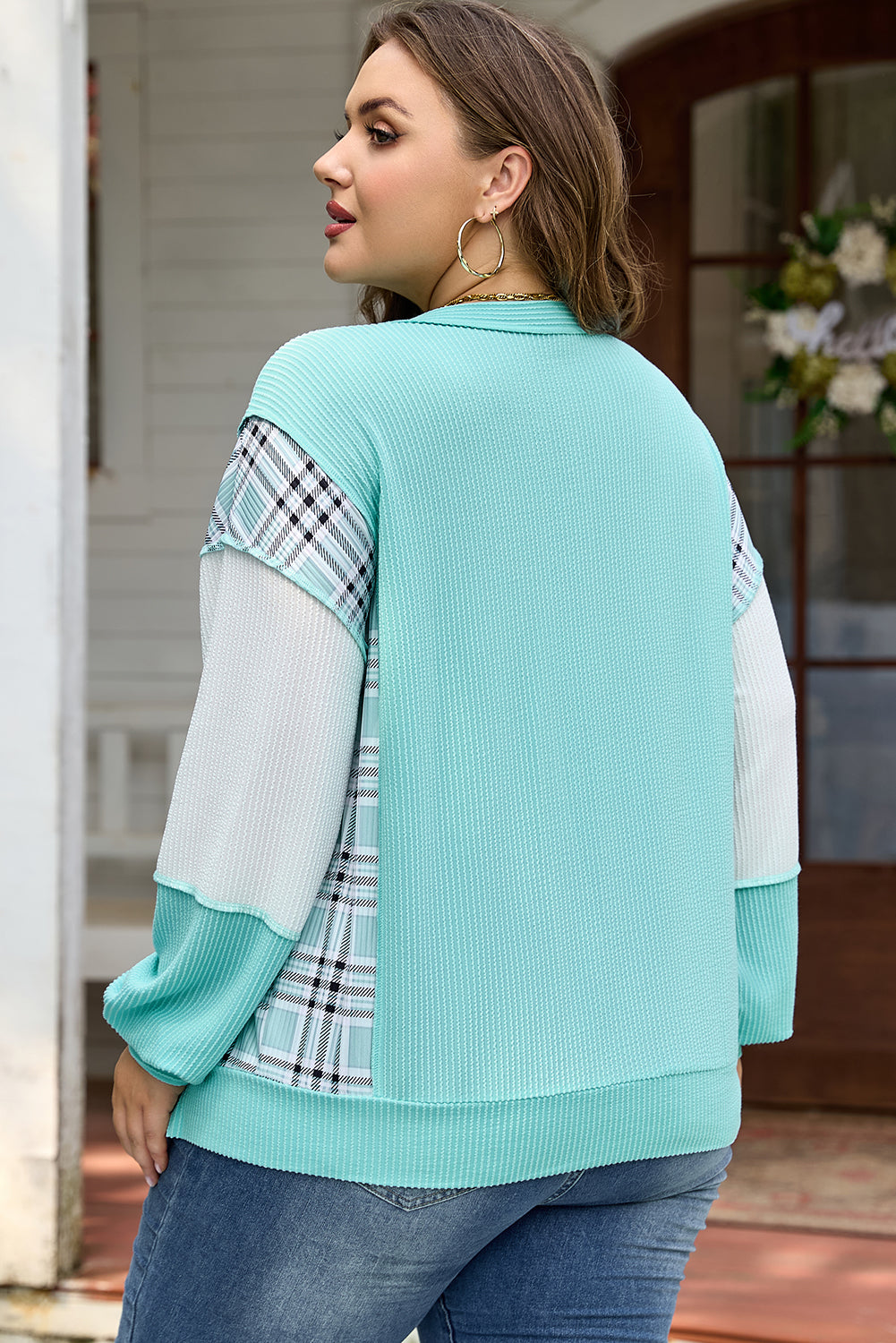 Aruba Blue Twist Ribbed Color Block Plaid Patchwork Plus Size Long Sleeve Top