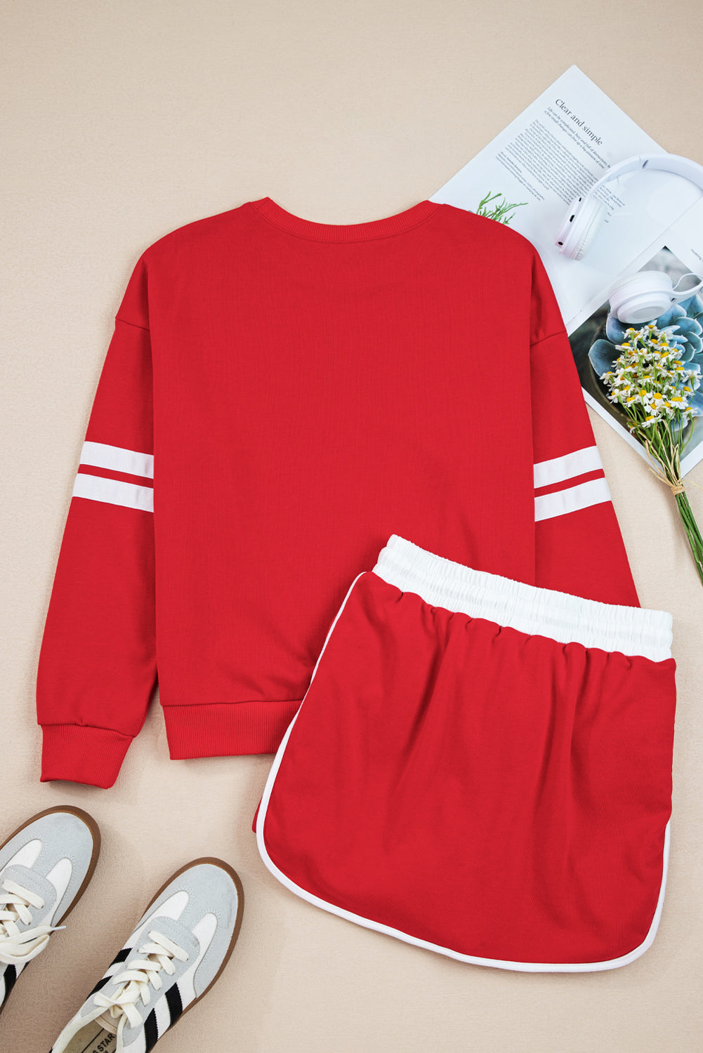 Black Varsity Stripe Detail Drop Shoulder Pullover Mini Skirt Set