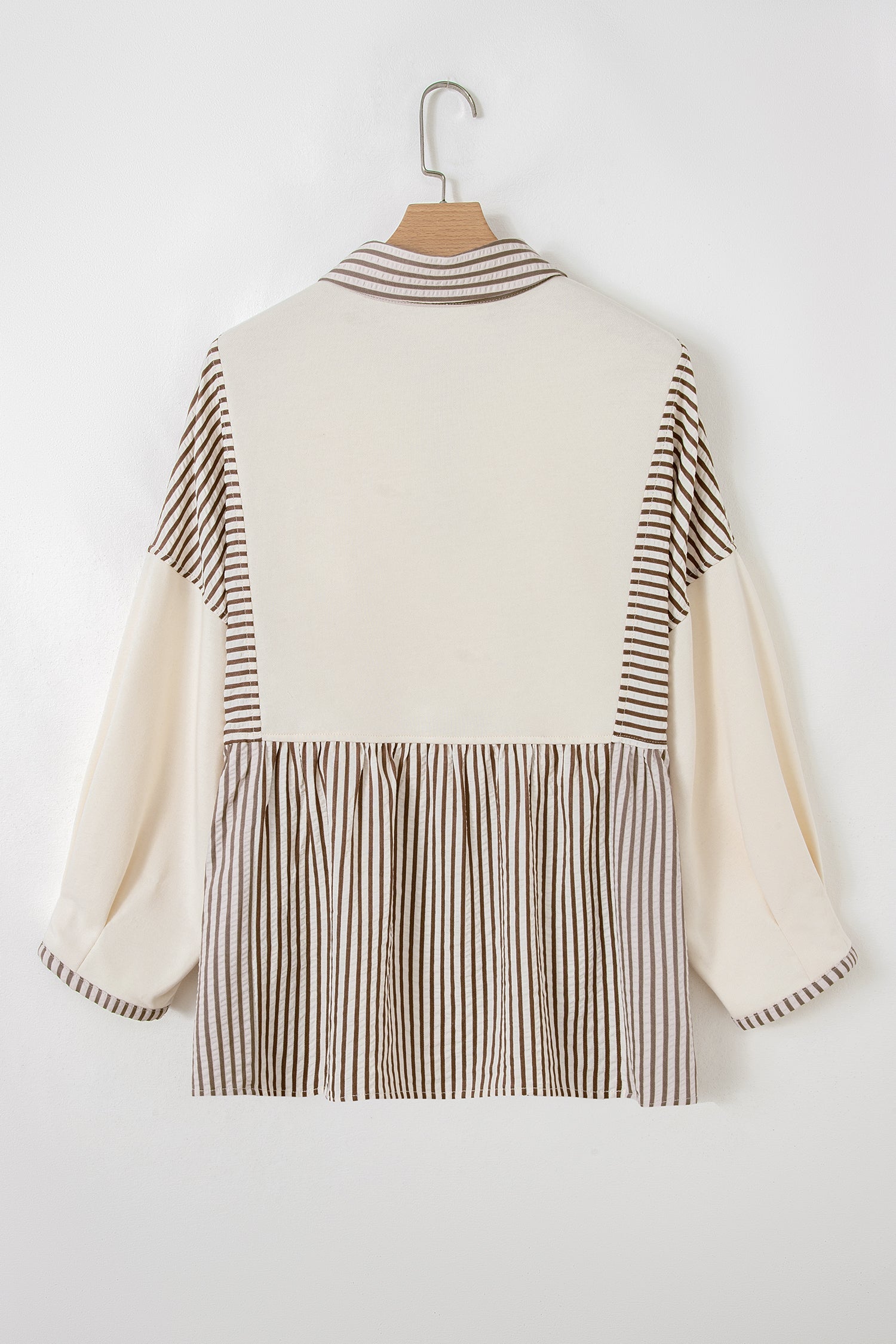 Khaki Stripe Plus Size Color Block Patchwork Half Button Long Sleeve Peplum Blouse