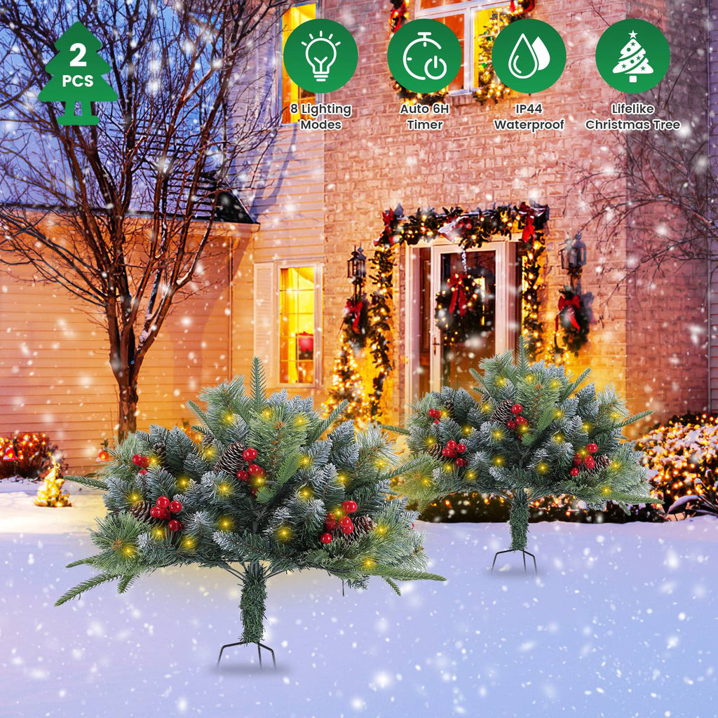 2Pcs Christmas Tree Urn Filler With Light Artificial Lighted Xmas Trees Light with Cones Berries Holiday Planter Filler LED Pathway Pine Tree IP44 Wat