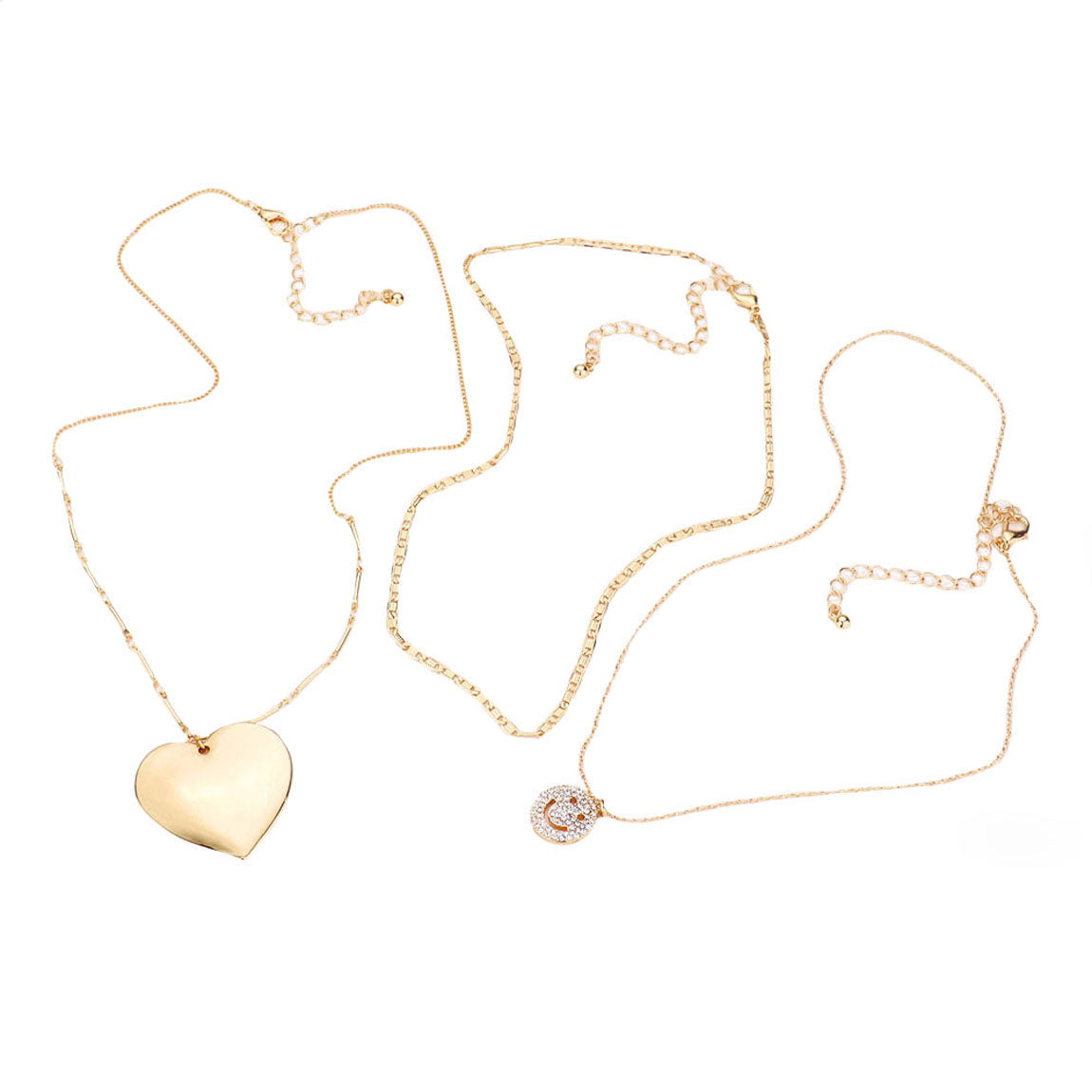3PCS Stone Embellished Smile Metal Heart Pendant Jewelry Set