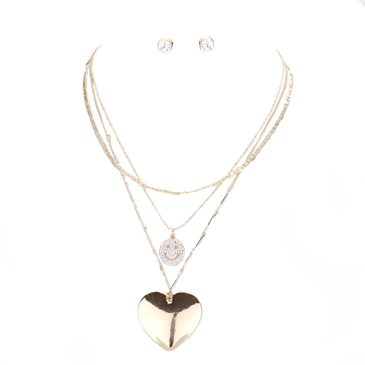 3PCS Stone Embellished Smile Metal Heart Pendant Jewelry Set