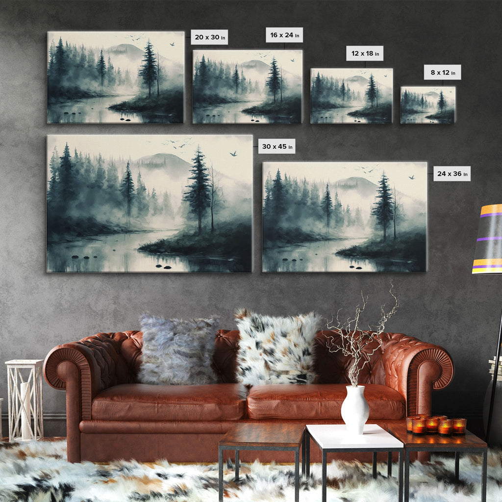 Watercolor of a foggy pine tree forest, framed canvas print, unique wall art, contemporary art, modern art