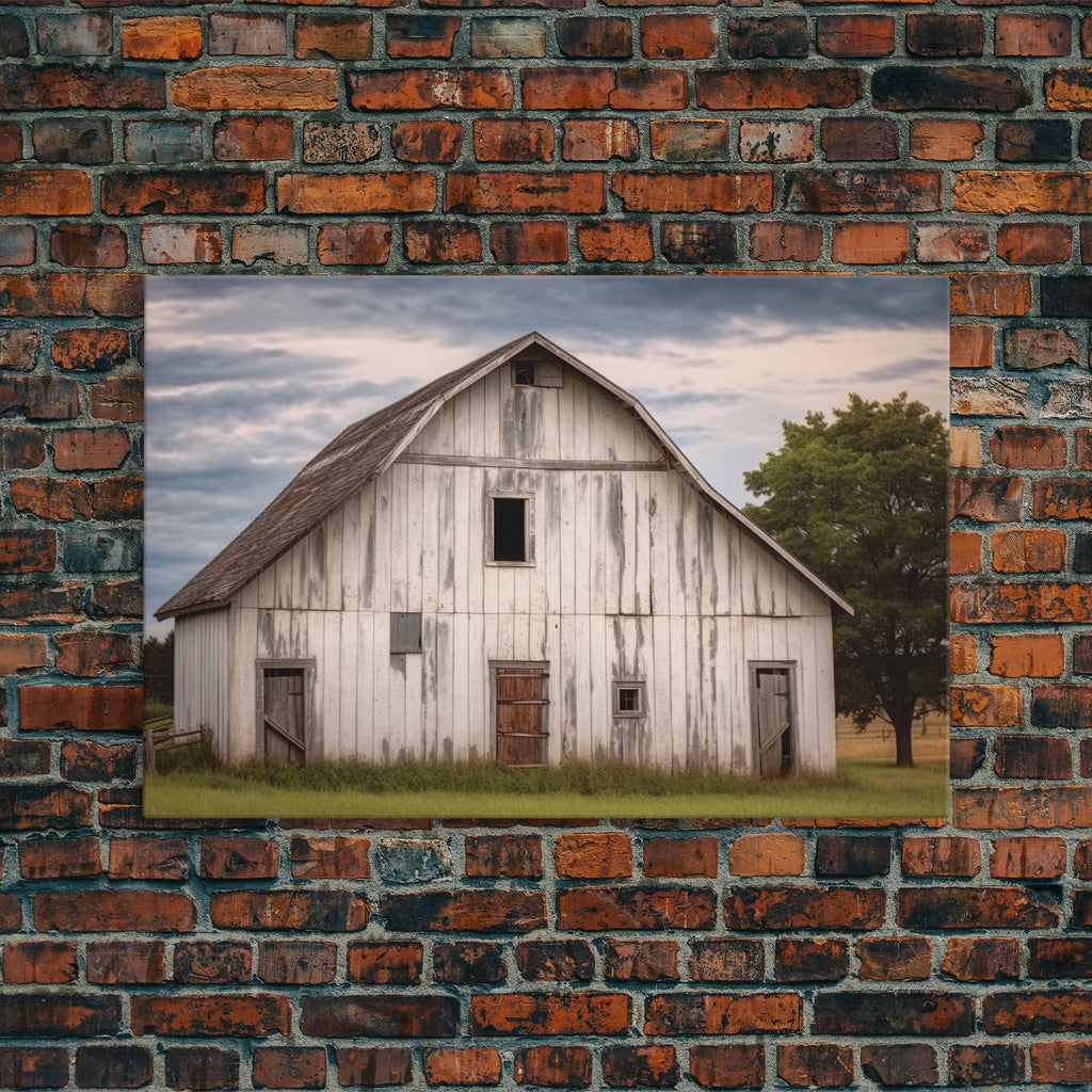 Rustic Farmhouse Wall Decor, White Barn Landscape Print, Farmhouse Living Room Decor, Farmhouse Kitchen Decor, Original Art, Old Barn Photo