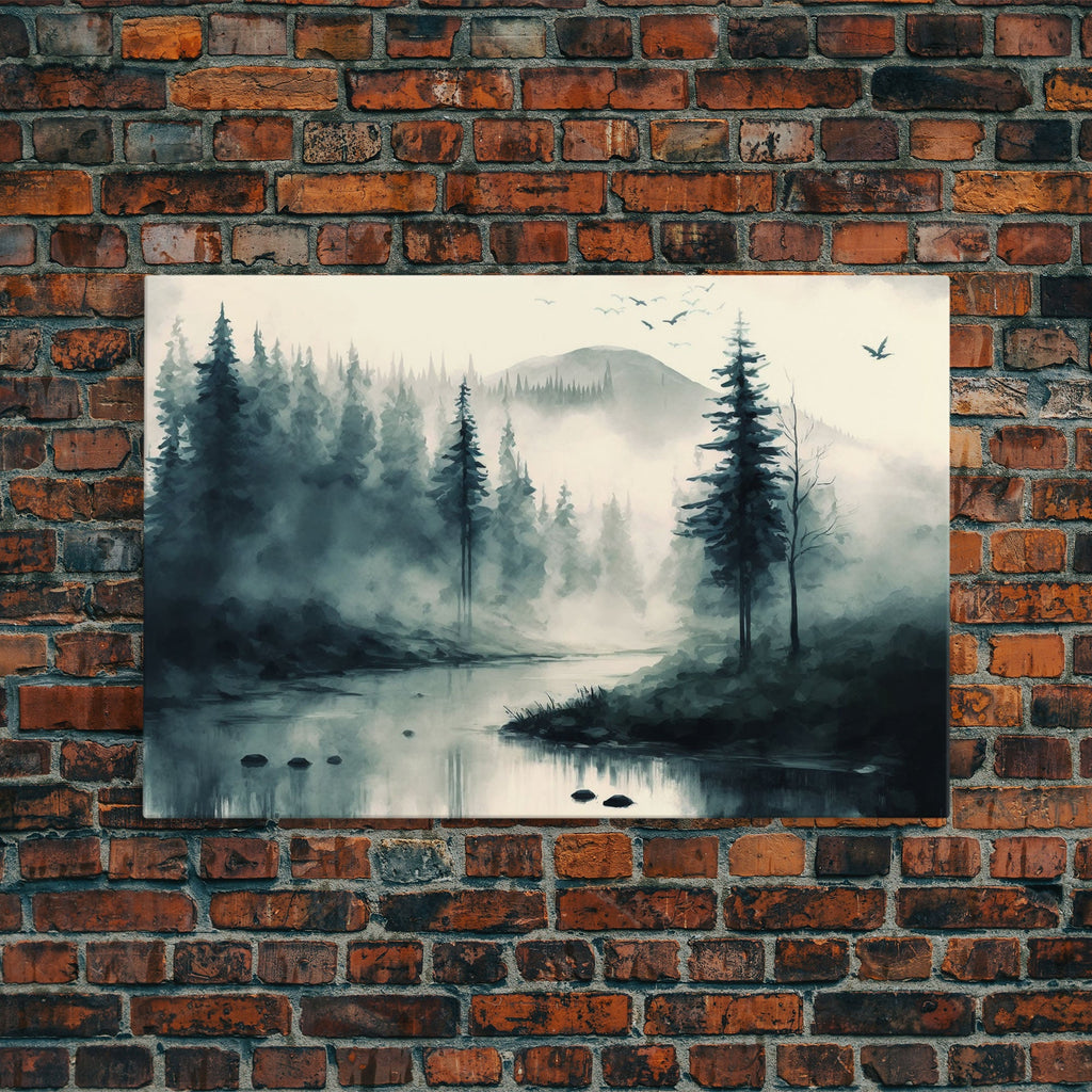 Watercolor of a foggy pine tree forest, framed canvas print, unique wall art, contemporary art, modern art
