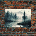 Watercolor of a foggy pine tree forest, framed canvas print, unique wall art, contemporary art, modern art