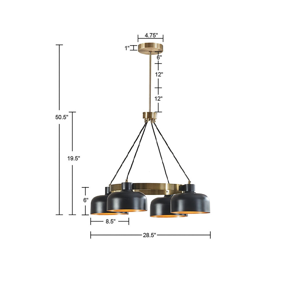 4-Light Mid-Century Chandelier | Black Bowl Shades & Gold Ring — Adjustable Height 26.5"–50.5", Dining Room & Living Room