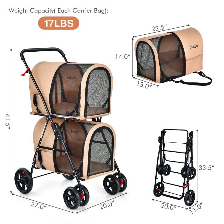 4 - in - 1 Double Pet Stroller with Detachable Carrier and Travel Carriage - PhishStones Products