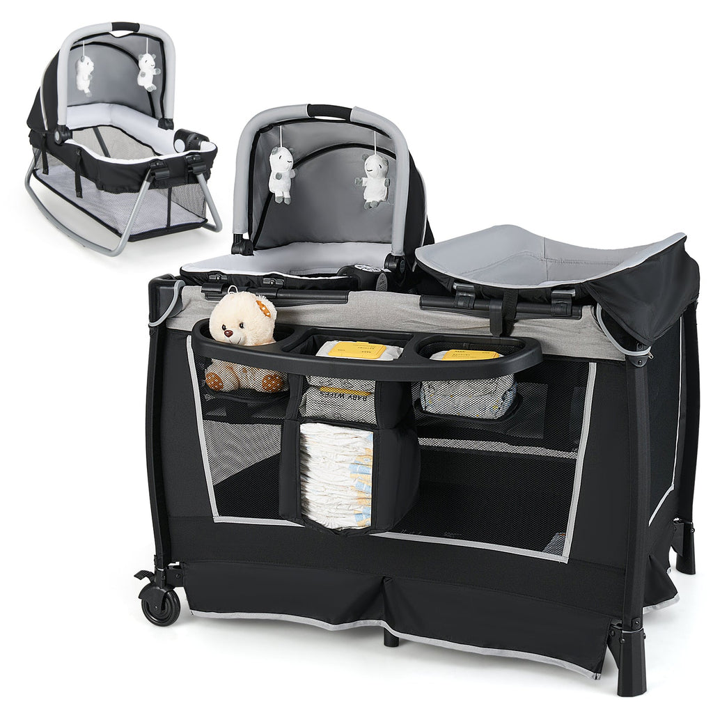 4-in-1 Convertible Portable Baby Play Yard with Toys and Music Player-Gray