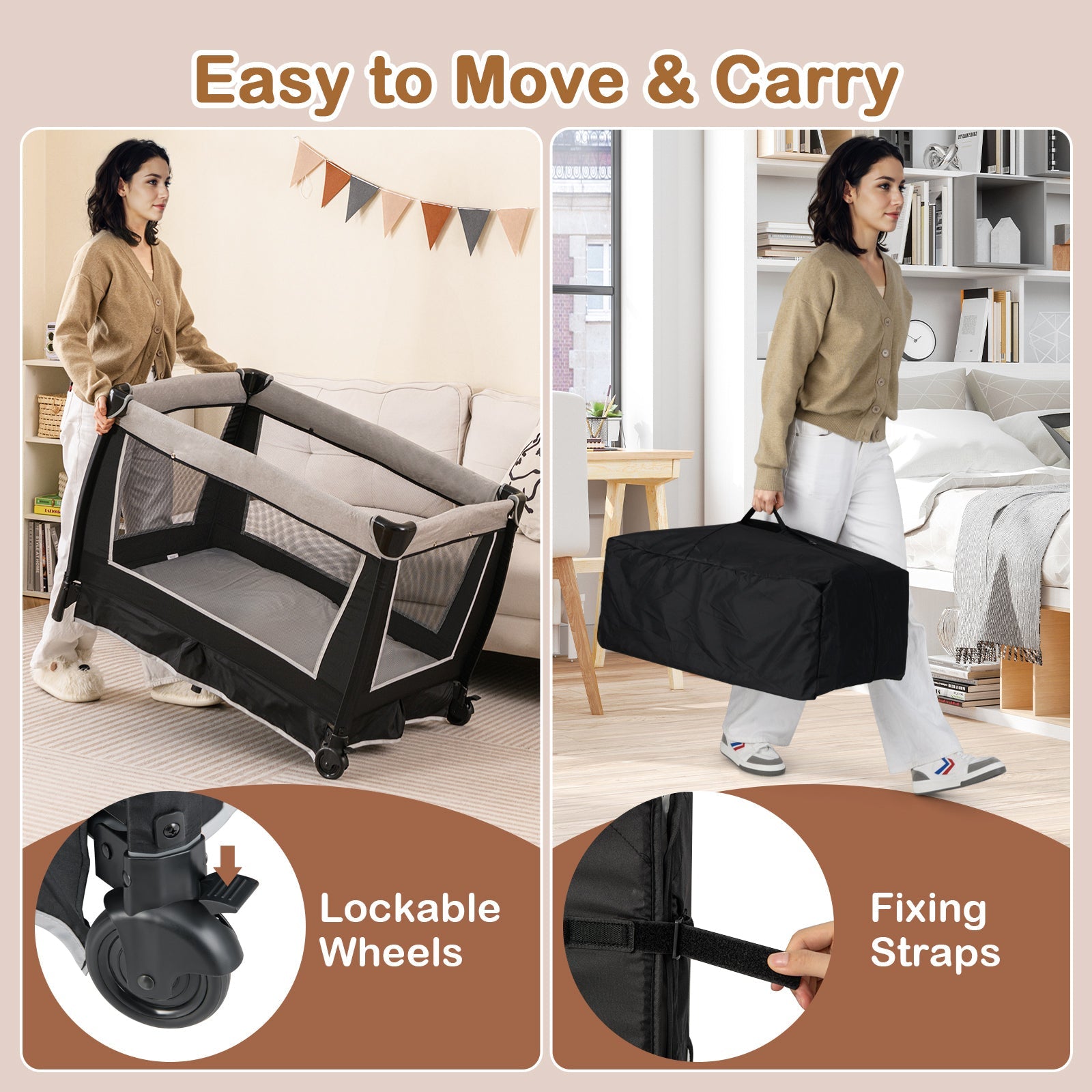 4-in-1 Convertible Portable Baby Play Yard with Toys and Music Player-Gray