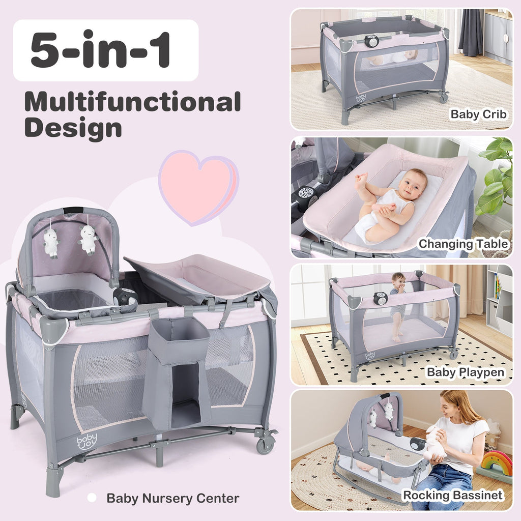 4-in-1 Convertible Portable Baby Playard Newborn Napper with Music and Toys-Gray