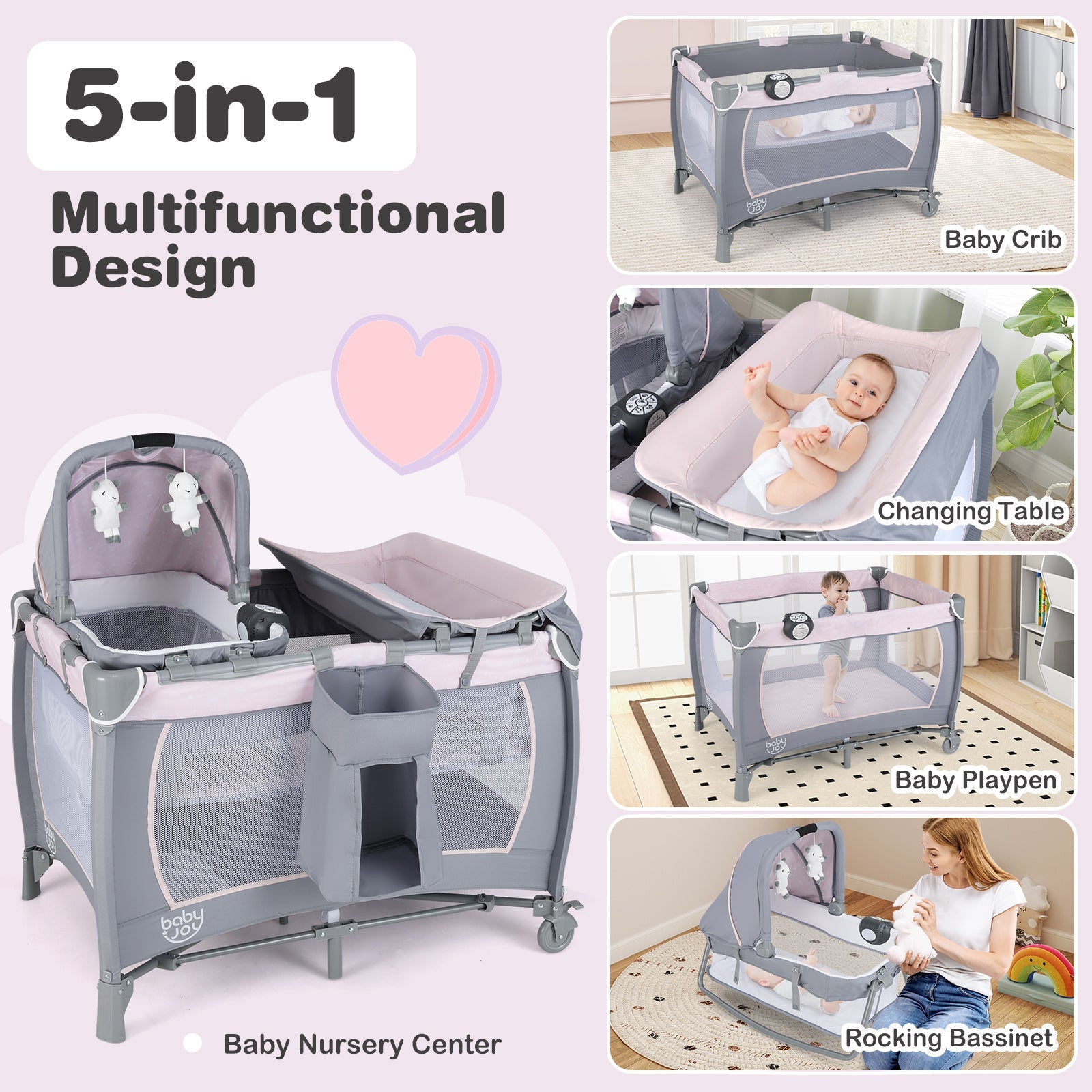 4-in-1 Convertible Portable Baby Playard Newborn Napper with Music and Toys-Gray