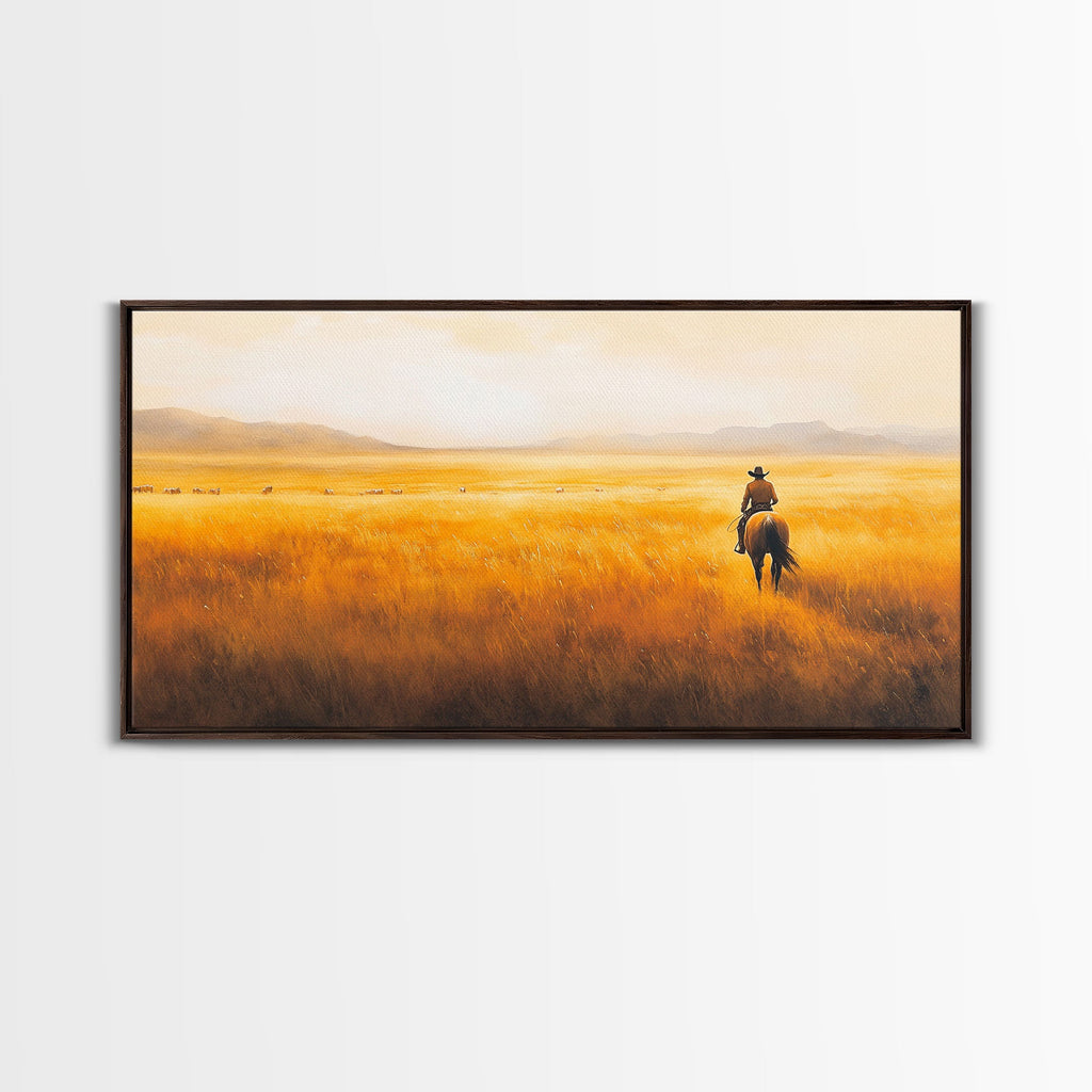 Herding Cattle Across Plains Framed Canvas Print Tall Art Rustic Autumn Landscape Western Country Decor Fall Home Wall Art Farmhouse Gift