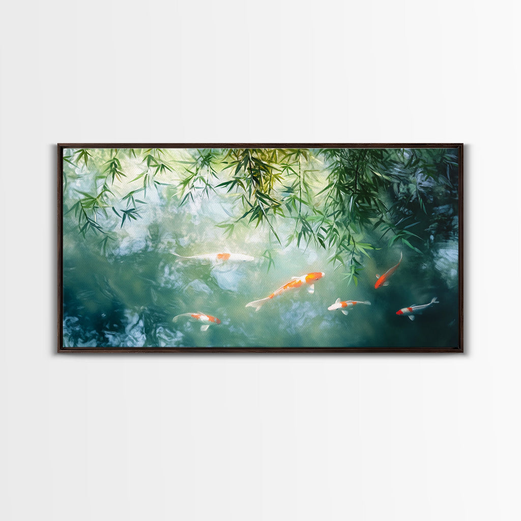Koi Fish Swimming In a River Framed Canvas Print - Minimalist Art Wabi Sabi Style Home Decor