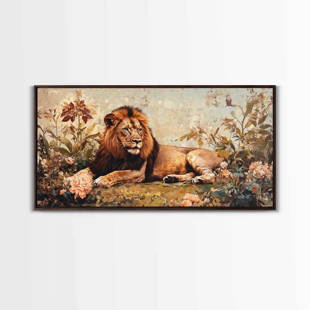 Regal Lion in Wildflowers Framed Canvas Print, Safari Wildlife Painting, African Rustic Wall Art, Boho Nature Decor, Animal Kingdom Art