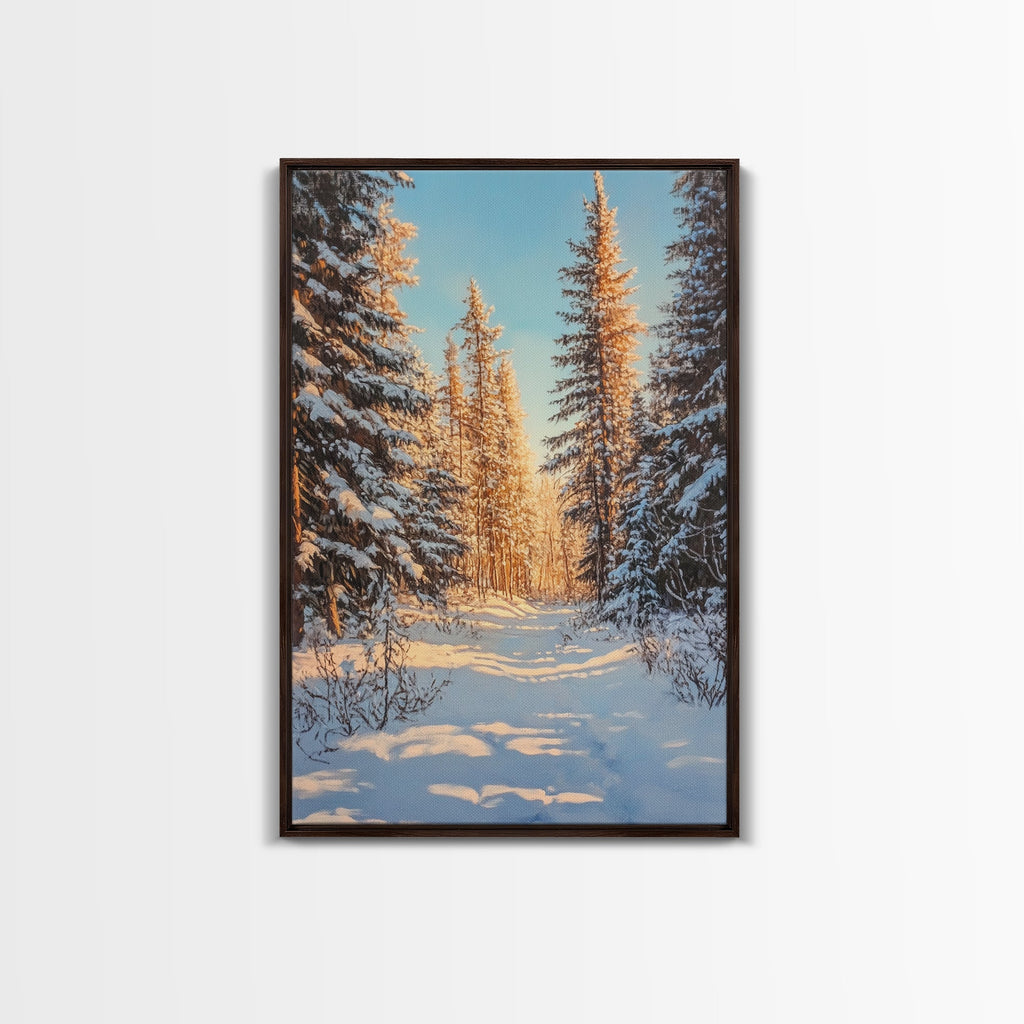 Winter Wonderland Framed Canvas Print, Snowy Forest Landscape Painting with Pine Tree Art, Cozy Rustic Wall Decor