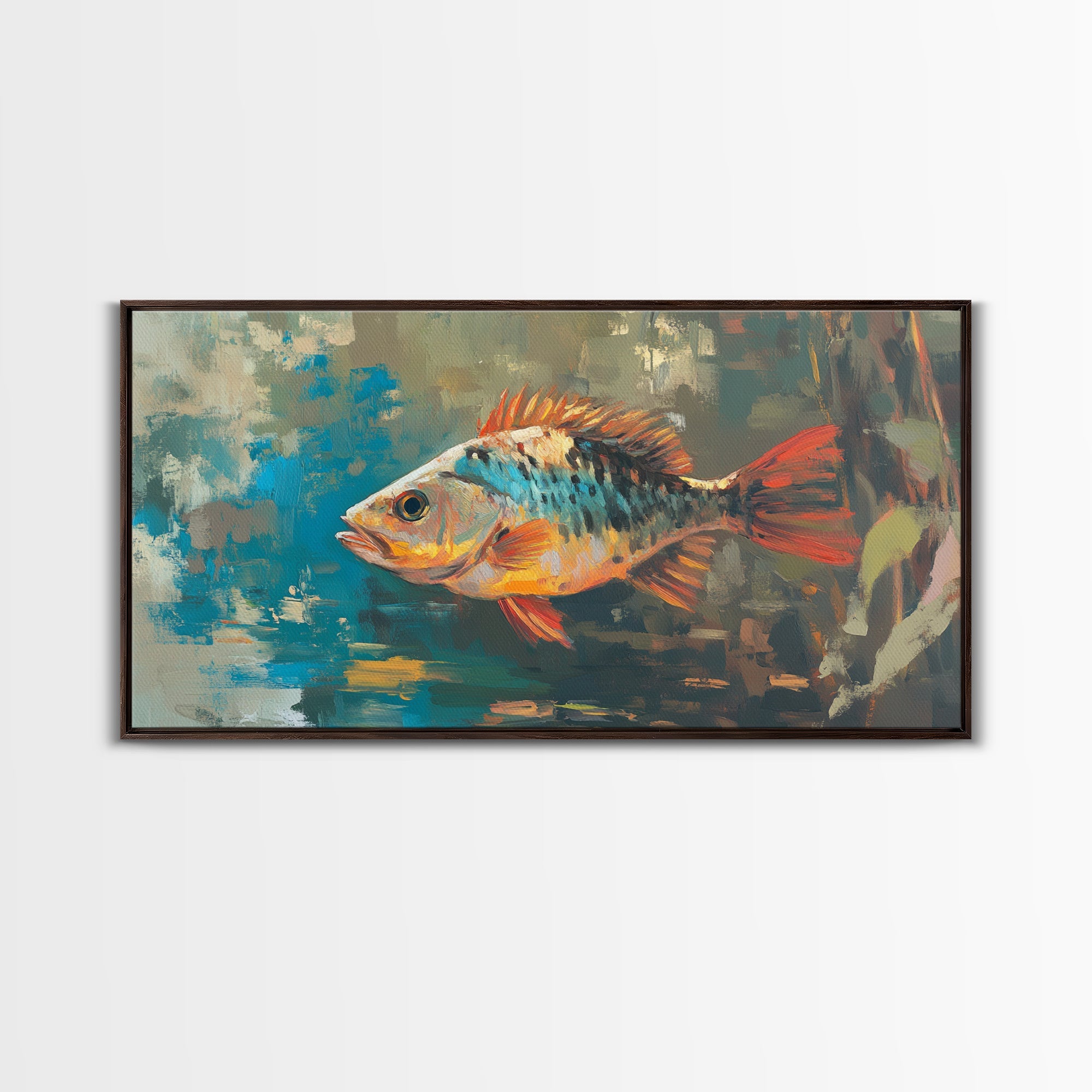 Trout, fish, colorful painting, fisherman painting, rustic wall art, trout art, framed canvas print, extra wide art, gift idea