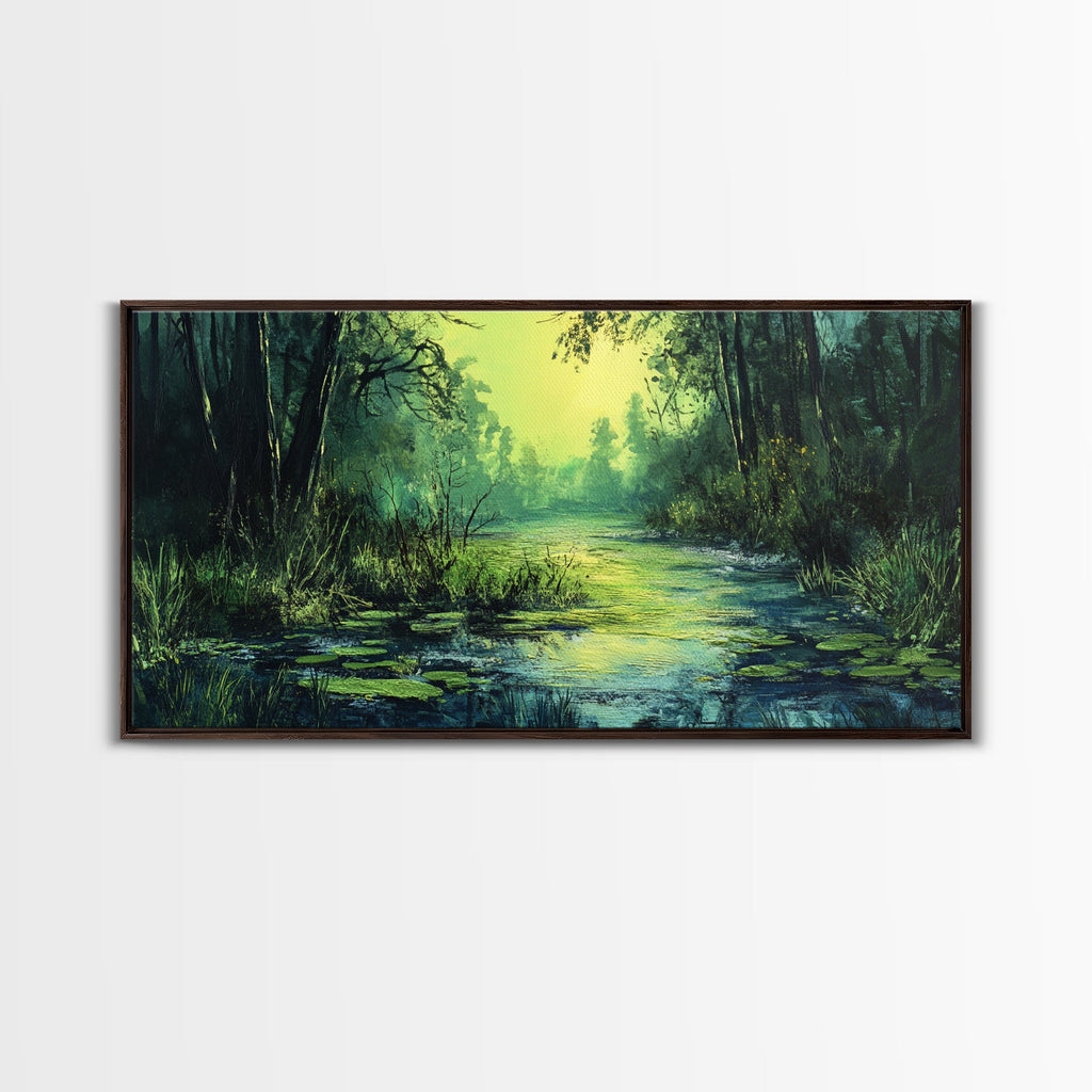 Forest Lagoon, green wall art, nature landscape painting, botanical prints, wabi sabi art, extra wide art, Framed Canvas Print