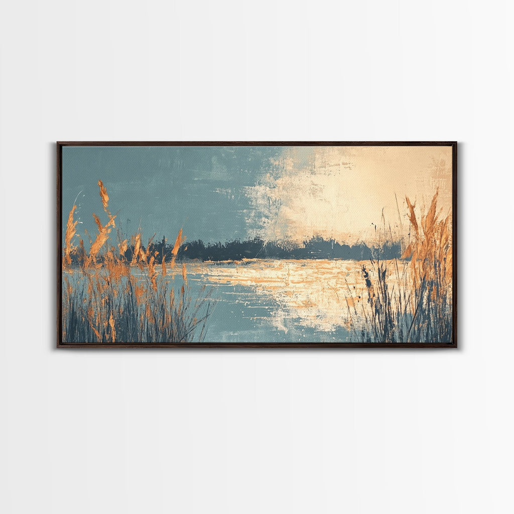 Marsh Landscape, Canvas Print, wabi sabi art, extra wide painting, panoramic wall art, minimalist landscape, soft neutral tones
