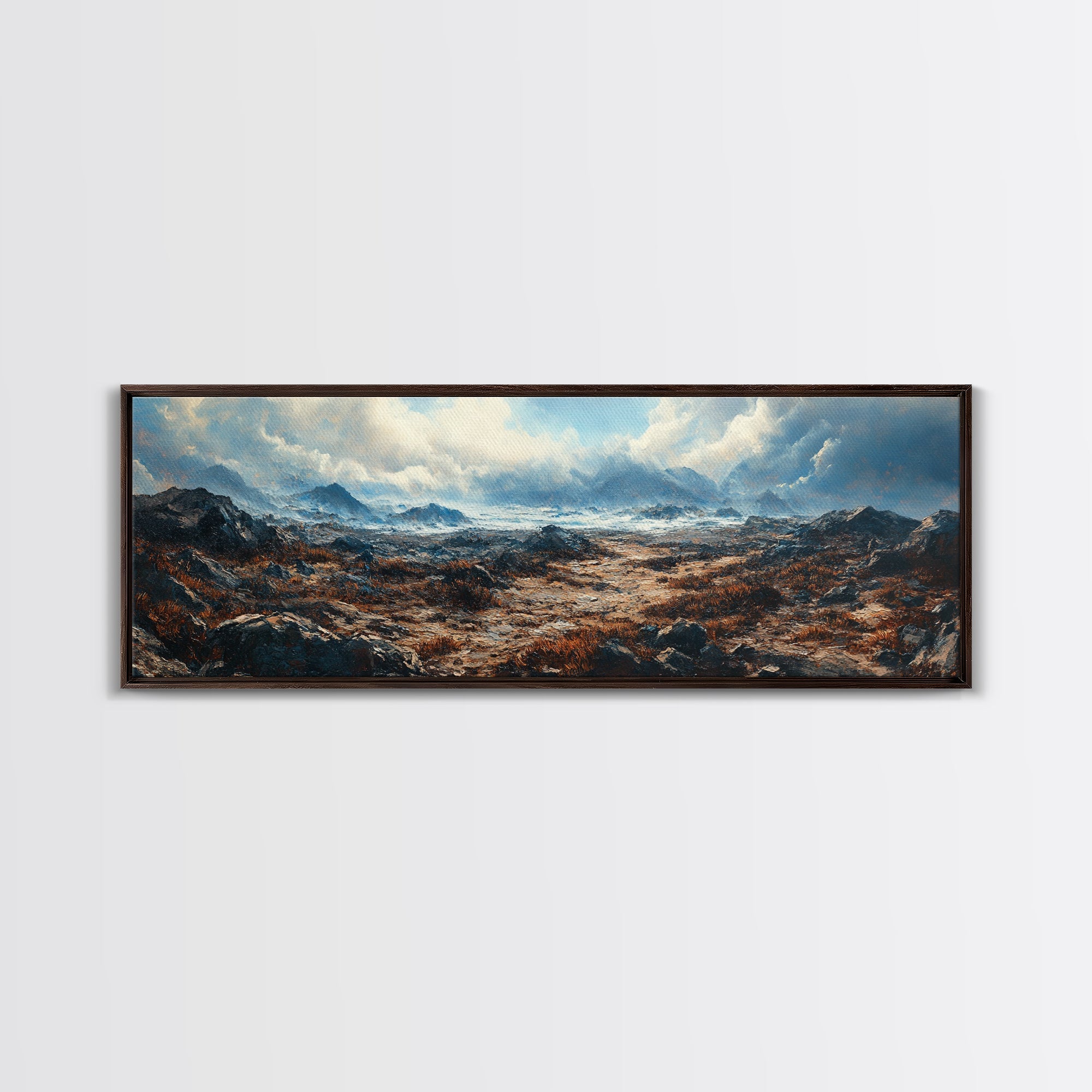Moody Mountain Landscape Framed Canvas Print Dramatic Nature Art, Rustic Cabin Decor, Stormy Sky Painting, Wilderness Wall Art