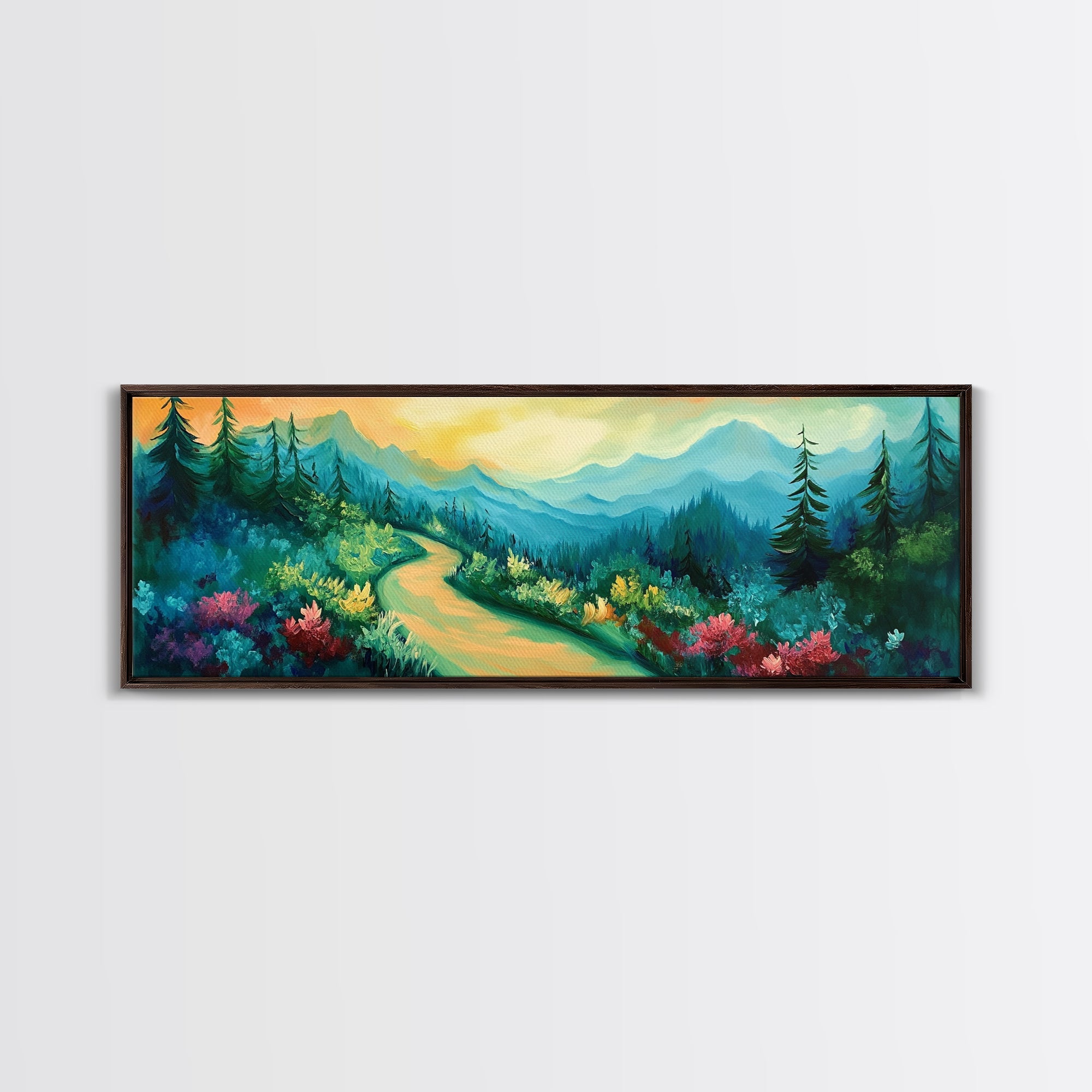 Forest Trail, Scenic Landscape Art, Green Nature Painting, Serene Hiking Scene, Cabin Wall Decor, Home Print, Framed Canvas Print