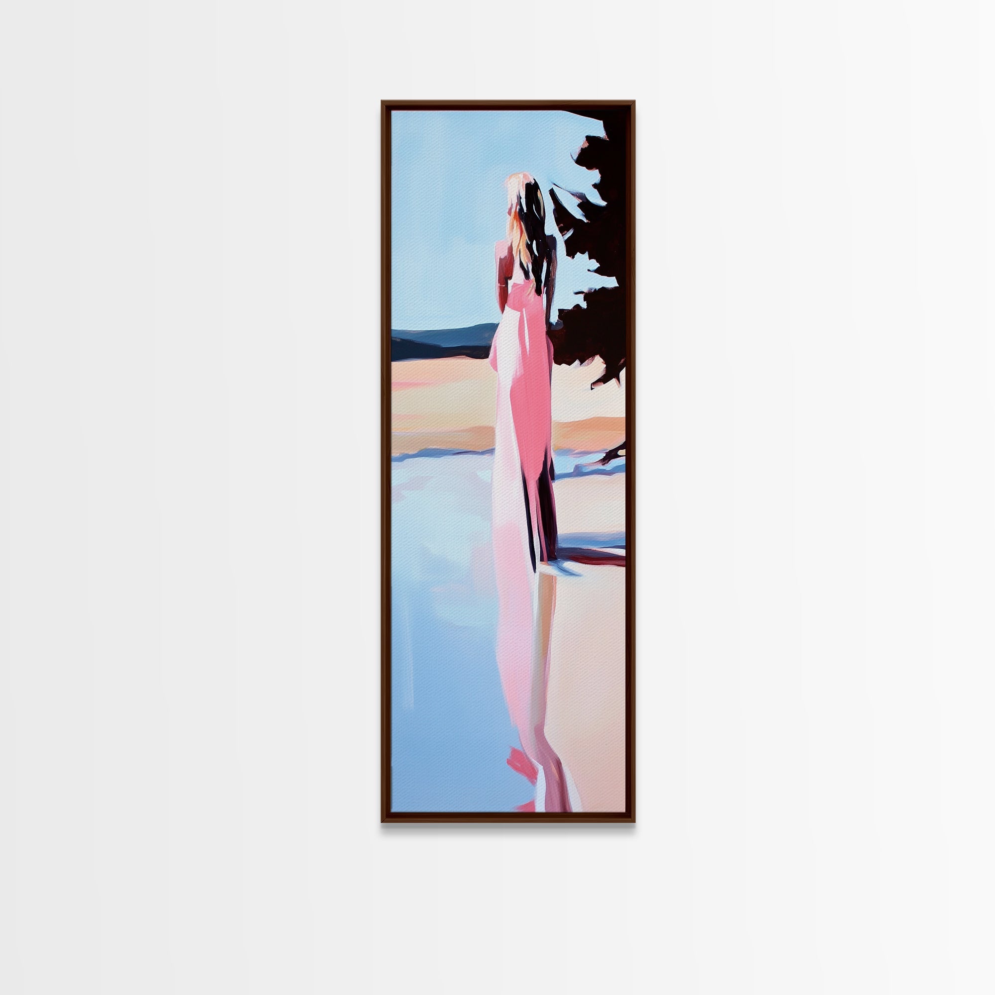 Tranquil Woman, Nature Reflection, Soft Pastels, Serene Landscape, Framed Canvas Print, Minimalist Art, Peaceful Home Decor