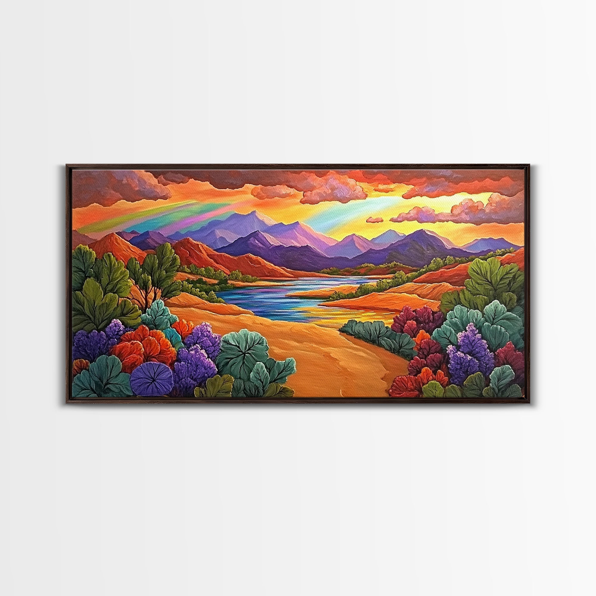 Rainbow Sky, Desert River, Mountain View, Canvas Print, Scenic Landscape Wall Art, Colorful Fall Decor, Living Room Statement Piece