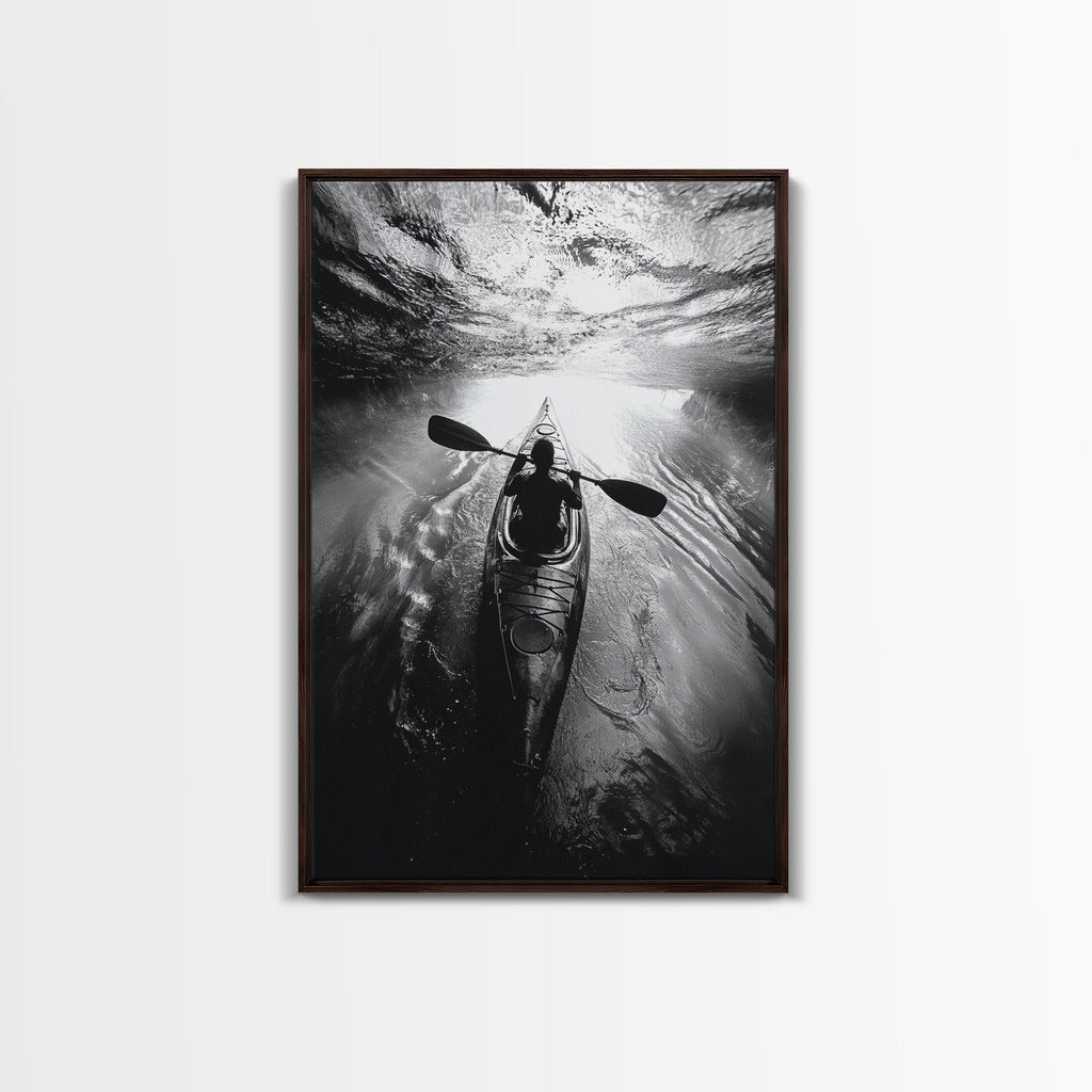 Kayaking Exploration, River Reflections, Adventure Sport, Framed Canvas Print, Office Wall Art, Moody Travel Photography, Nature Wall Decor