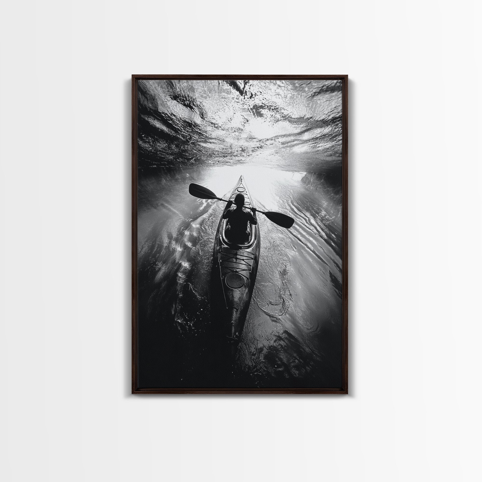 Kayaking Exploration, River Reflections, Adventure Sport, Framed Canvas Print, Office Wall Art, Moody Travel Photography, Nature Wall Decor