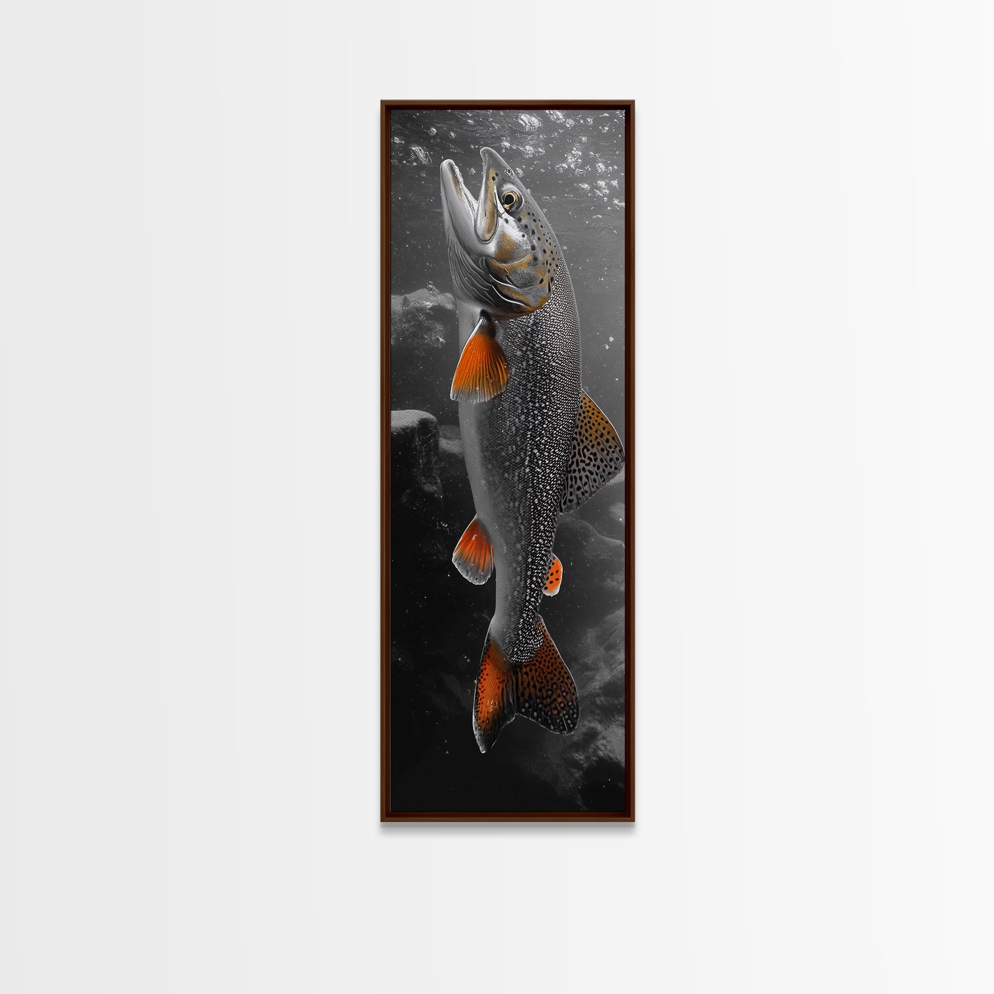 Trout Fishing Print, Underwater Scene, Orange Fins Fish, Rustic Wildlife, Framed Canvas Print, Cabin Decor, Man Cave Wall Art