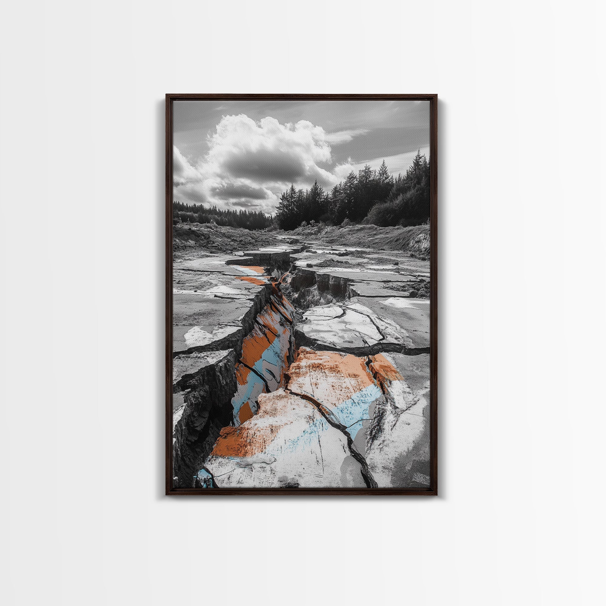 Cracked Earth, Desert Scene, Color Splash Photography, Framed Canvas Print, Modern Nature Wall Art, Industrial Decor, Earth Tones